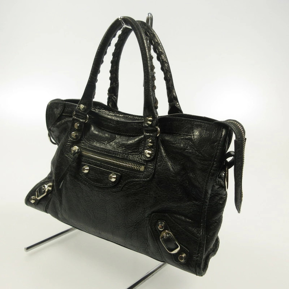 Balenciaga City Bag black textured lambskin leather metallic braided top